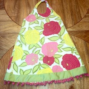 Halter flower dress w/grosgrain & Pom Pom trim.